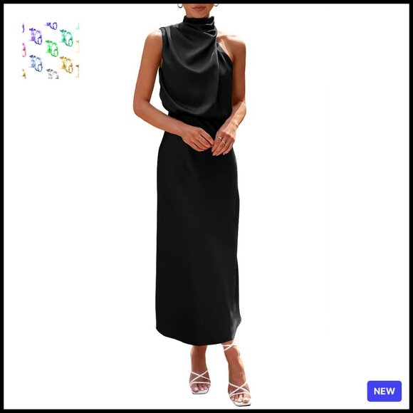 Elegant Satin Maxi Dress Mock Neck Sleeveless Formal Party Chic